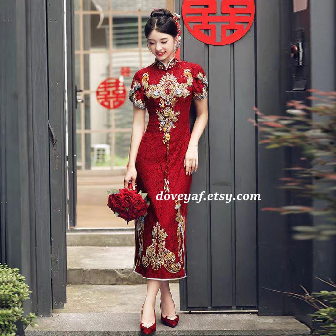 New Design Custom Size Able, China Red Wedding Cheongsam,emboirdery Golden Qipao  Dress, Tea Ceremony Reception Dress, Glossy Material - Etsy