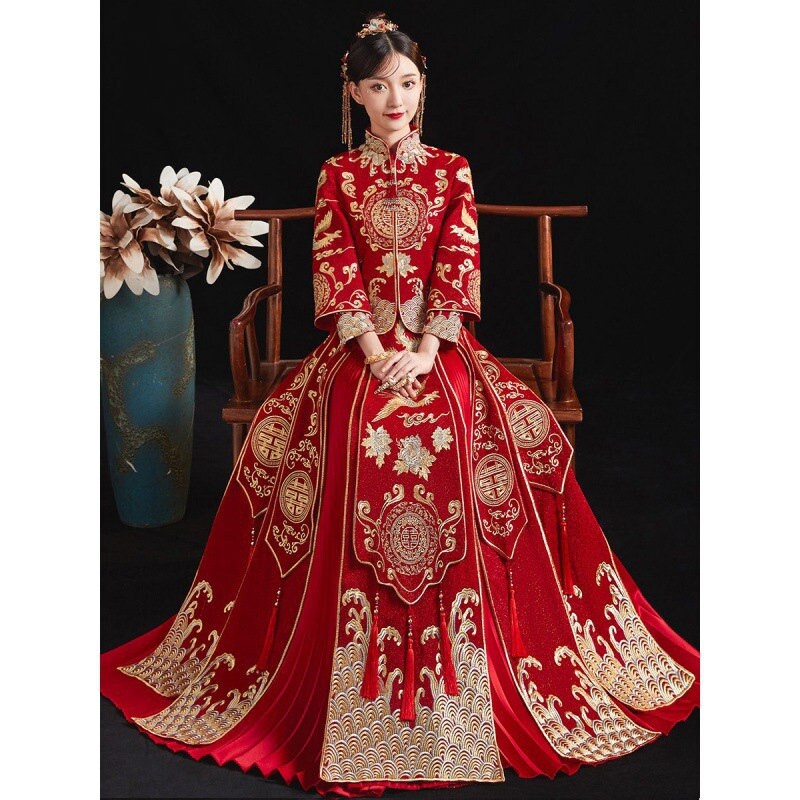 Traditional Chinese Bridal Red Wedding Xiuhe Dress, 有凤来仪