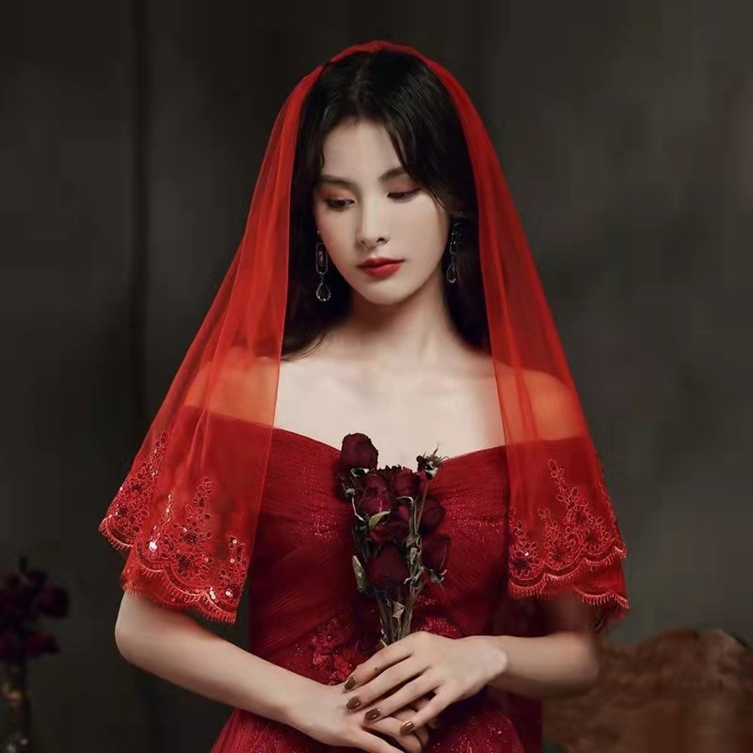 Chinese Bridal Red Cover-up, Bridal Transparent Veil With Comb