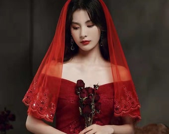 Chinese bridal Red Cover-up, Bridal Transparent Veil with Comb, Lace Cover for Wedding, Match to Red Gowns, 135*175cm