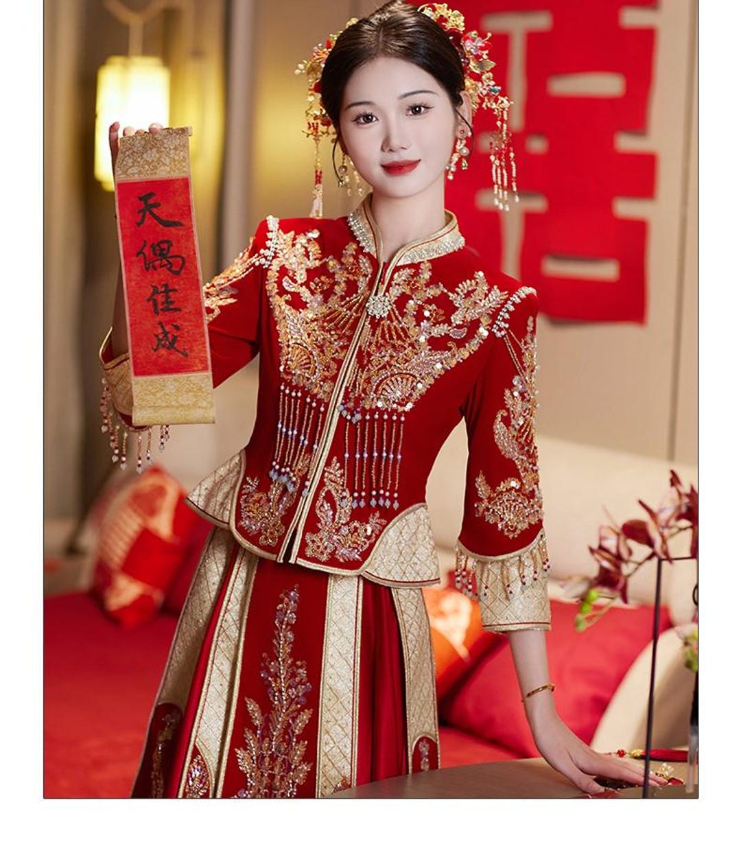 Traditional Chinese Bridal Red Wedding Xiuhe Dress, 苏绣su Heavy