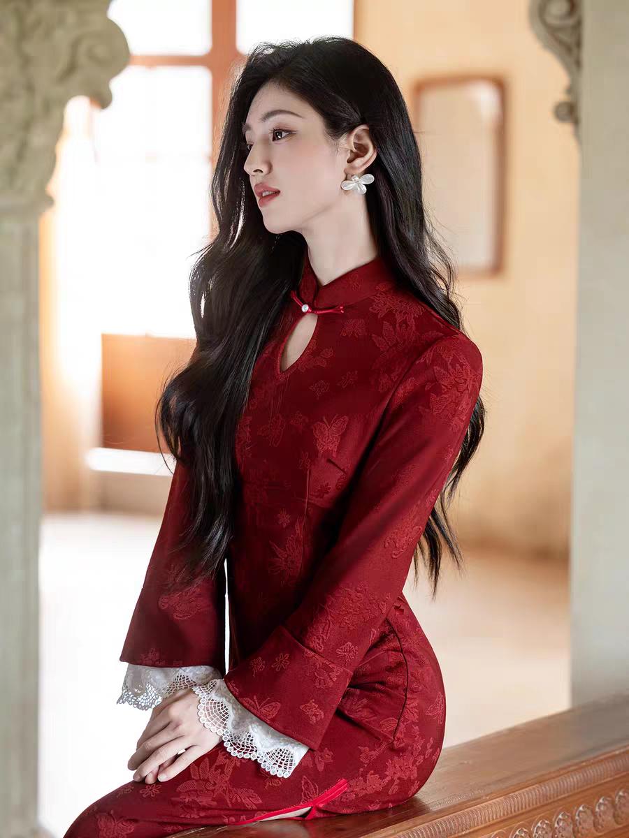 long sleeve chinese dress Phoenix & Floral Embroidery Long Sleeve Cheongsam Top Chinese Prom Dress Burgundy / 5XL