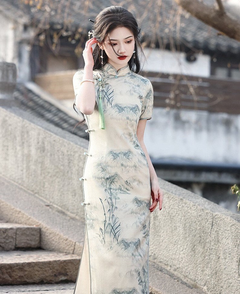 Nouvel été Chine Cheongsam femme, Qipao paysage imprimé Chine classique, S-3XL image 1