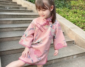 Spring Chinese Kid's Qipao dress & Cheongsam, Girl Tang Suit, Trumpet Sleeves, to knee, Vintage Literary Girl's Costume, 90-140cm High Fits