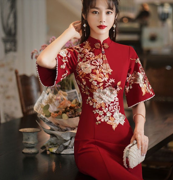 Vestido Qipao rojo nupcial chino vestido de Etsy