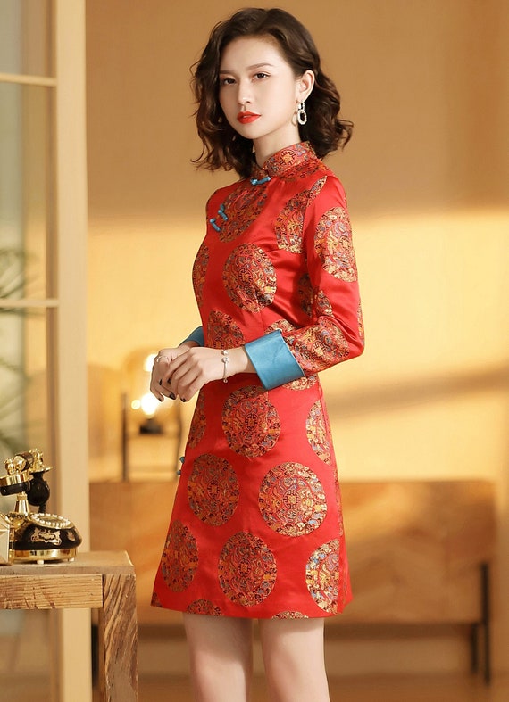 Classic China Red yellow Cheongsam Chinese Vintage Above Knee Qipao Tea Ceremony Spring Festival Suit New Year Shanghai Woman Etsy