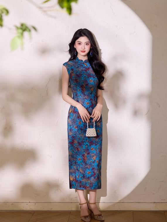 qipao dress blue Blooming Floral Cheongsam Qipao, Chinese Tea Ceremony Summer Size Chart