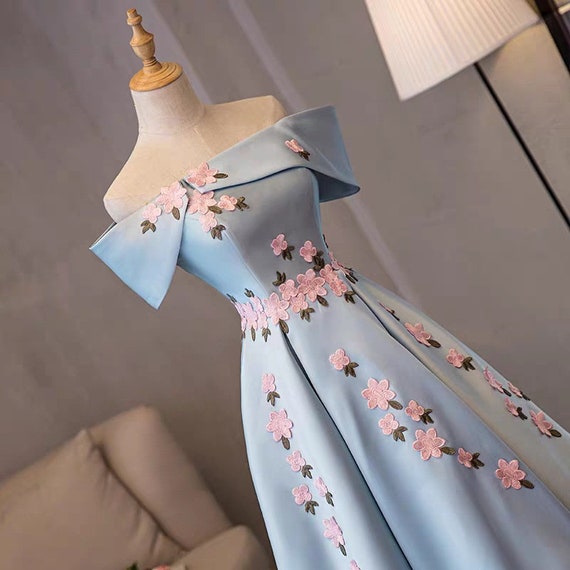 open lace back dress Blush Pink & Blue Off-Shoulder Quinceañera Ball Gown with 3D Floral  Embroidery