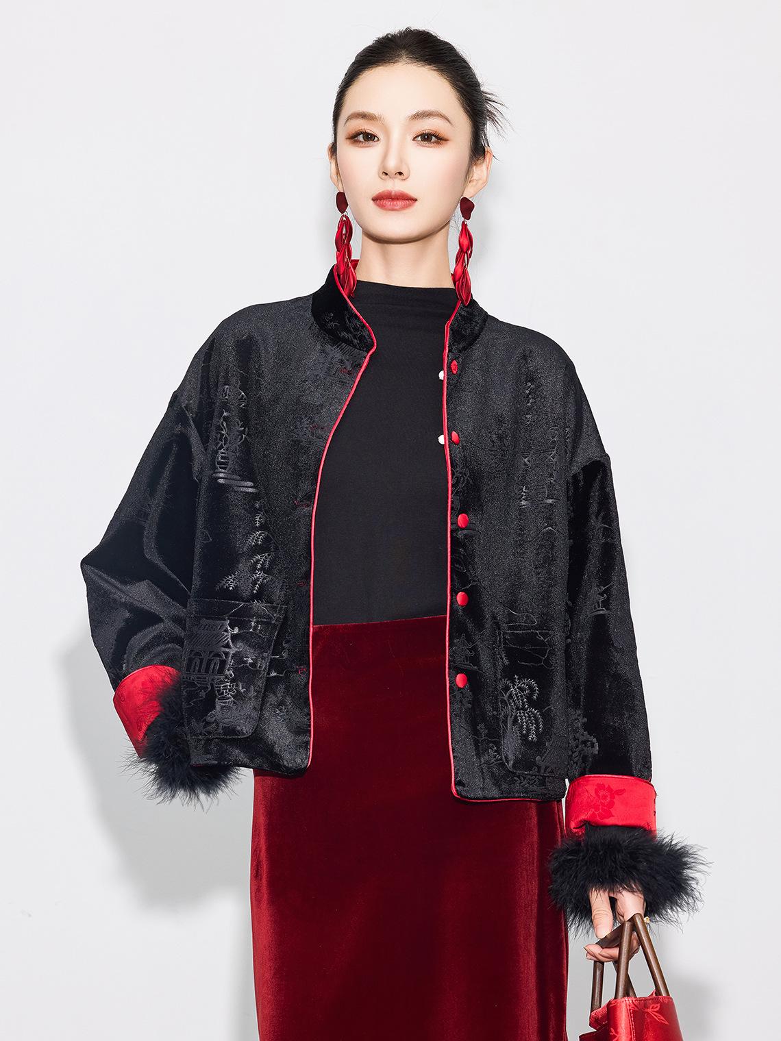 ☆花☆HOWIE clothing china jacket 2026 CNY Chinese Style Loose Red Jacket Top, Reversible Black+red