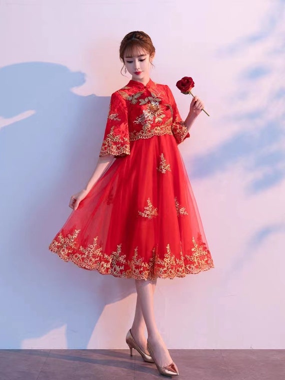 Traditional Chinese Bridal Red Qipao Gown, China Bride Wedding Dress,  Evening Gown Toast Suit, Classical Embroidery Flowers, Maternity Dress -   Norway