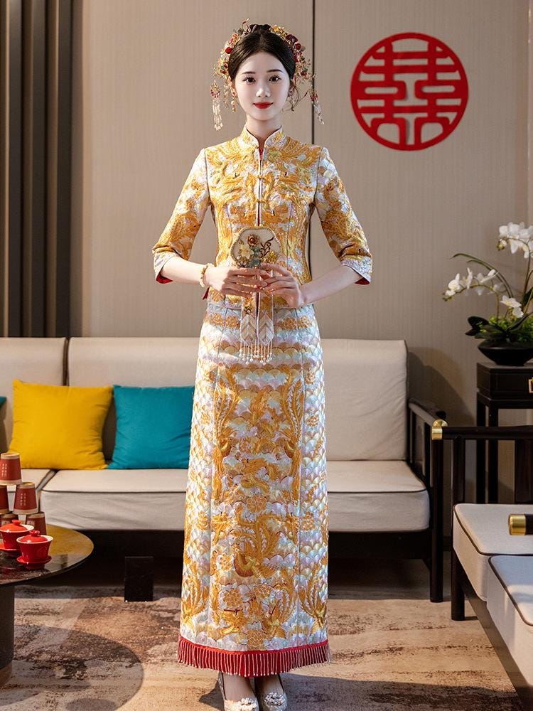 Exceptional High Quality Design, Traditional Chinese Bridal Royal Golden Luxury Wedding Xiuhe Gown Dress, Embroidery Pattern, Top +Skirt Exceptional High Quality Design, Traditional Chinese Bridal Royal Golden Luxury Wedding Xiuhe Gown Dress, Embroidery Pattern, Top +Skirt