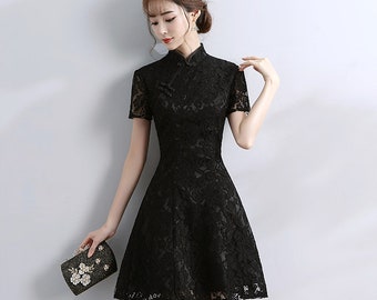 Custom Size Free Chinese Bride Cheongsam, Above Knee Wedding Lace
