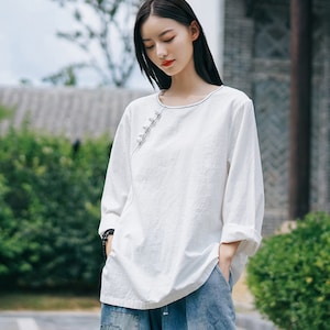 China Tang Suit Girl&#39;s Top Shirt, Modern Chinese Hanfu Style, Liziqi Linen Cotton Shirt, White/Blue/Linen,Mandarin Pankou Decor T-shirt