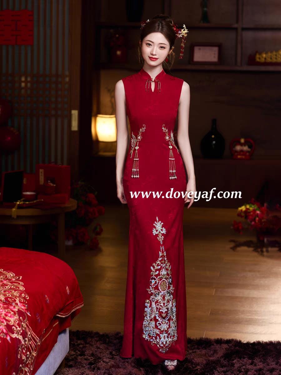 red satin oriental dress Luxurious Red Satin Dragon Phoenix Chinese Long Dress Cheongsam