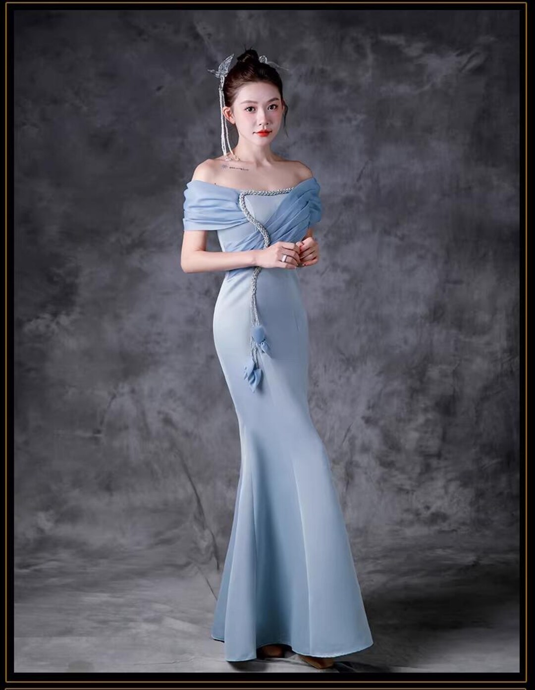 evening dresses for sale uk Long Satin Off Shoulder Mermaid Evening Dress │ The Dress Outlet main image 0
