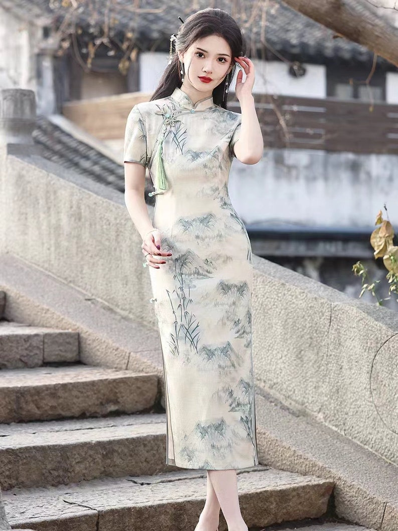 Nouvel été Chine Cheongsam femme, Qipao paysage imprimé Chine classique, S-3XL image 4