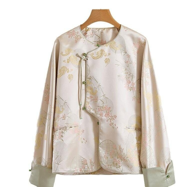 Doveyaf CNY Scoop Neck Winter Spring Jacket Coat,Brocade Pattern Tang Jacket Christmas Coat, Pay New Year Call , Apricot Color