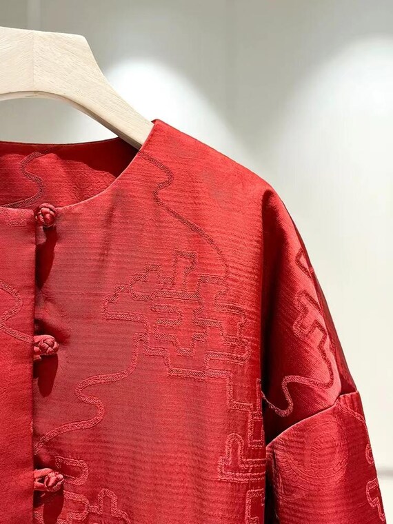 ジャケット・アウター Ethnic Embroided Design No Collar Jacket Inverted Notch Collar Tailored Knit Jacket