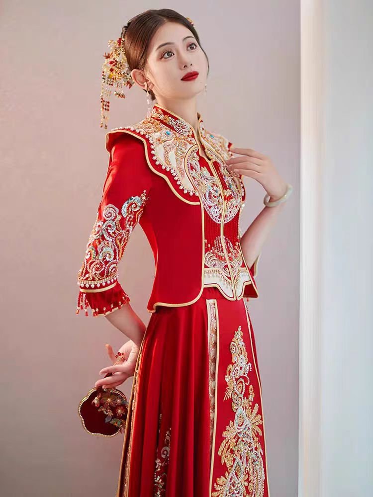 Traditional Chinese Bridal Red Wedding Xiuhe Dress, 有凤来仪