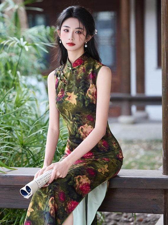 Doveyaf New Summer Chinese Sleeveless Woman Cheongsam Dress China Qipao Floral Pattern Lined Size S-3XL