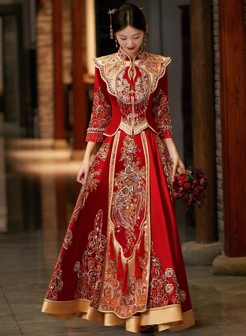 Traditional Chinese Bridal Red Wedding Xiuhe Dress, 有凤来仪