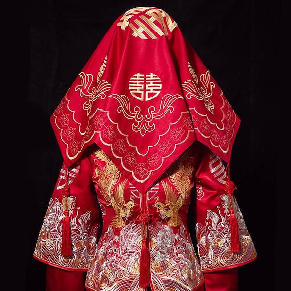 Chinese bridal Red Cover-up | Bridal Veil with 囍Xi | Chinese traditional wedding bride hijab  70*70cm, Embroidery pattern