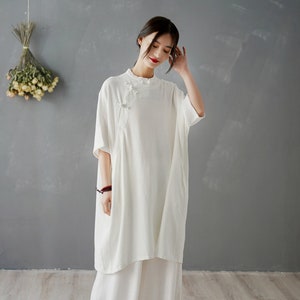 China Tang Suit Girl&#39;s Summer Linen Shirt/ Long Loose Dress, Modern Chinese Literary, Liziqi Linen Shirt, Pankou Side Open, White/ Linen