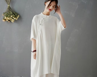 Linen Tang Suit Dress, Loose Chinese Literary Shirt, Pankou - Etsy