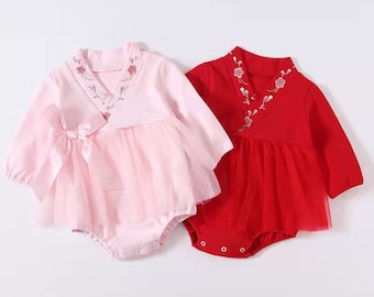Baby Girl 100 days Gown Dress Short Sleeves, Toddler Hanfu Rompers Lace Dress / Optional Lace Shoes, Red & Pink, 0-24 Month Fits