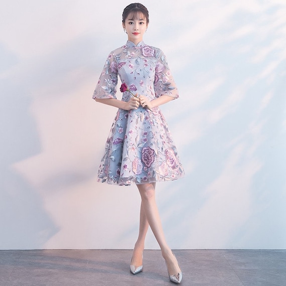 mandarin bridesmaid dresses Chinese Evening Dress, Bridesmaid Dress, Lace Gown 2021 Graduation, Hollow Shoulder, Embroidery Flowers, Cocktail Dress, A-Line Tea Ceremomy
