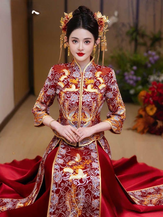 open lace back dress Wine Red Lace Long Qipao / Cheongsam Wedding Dress