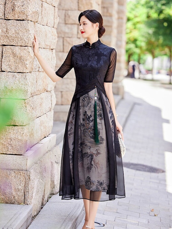 Elegant Floral Pocket Mandarin Collar A Line Dresses Elegant Floral Pocket Mandarin Collar A Line Dresses