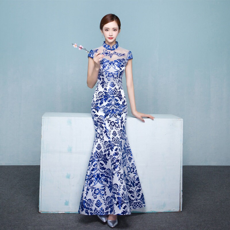 Blue qipao dress hotsell