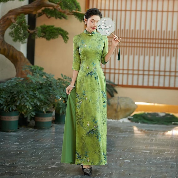 Modern China Cheongsam, Aodai A-line Skirt, Bamboo Leaf/mountain Landscape,  Mother Gown Wedding & Tea Ceremony, Green Over Size to 5XL - Etsy