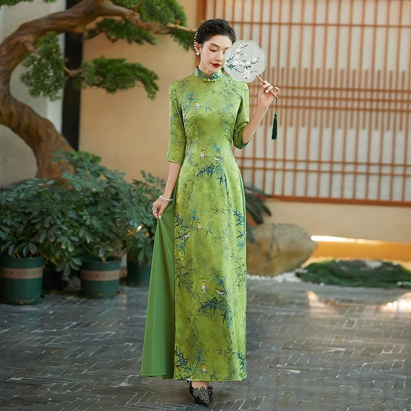 Modern China Cheongsam, Aodai A-line Skirt, Bamboo Leaf/mountain