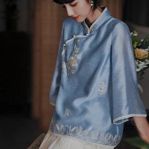Doveyaf Rare Style Summer China Cheongsam Top, Chinese Tang Blouse,Tea Ceremony Shirt, Heavy Elegant Embroidery, Side Button Closure