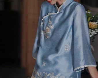 Blusa Cheongsam bordada de alta classe, blusa chinesa estilo Tang, camisa para cerimônia do chá.