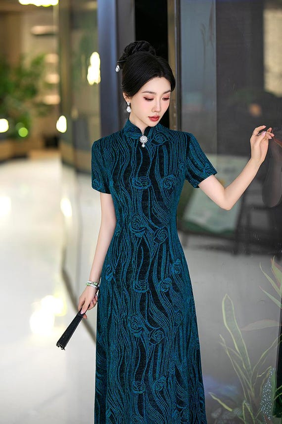 New Arrival Retro China Cheongsam, Classic Big Skirt Qipao,Tea Ceremony,  Gift for Her Mother Gown Big Sizes M-4XL Black/Blue