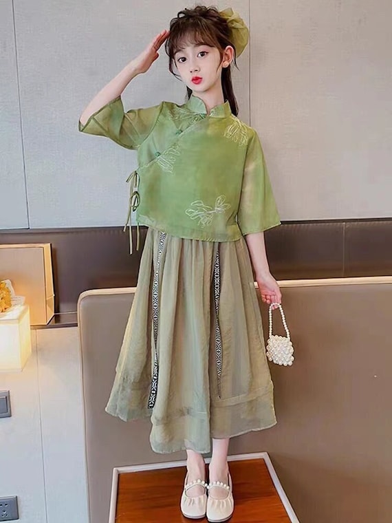 china cotton dress Kid's Chinese Modern,tang Top+ Yarn Skirt, Little Girls Costume, Back to School China Costume, Embroidery Flower, Size110~167cm Cotton