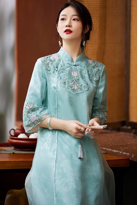 Premium High Class China Loose Cheongsam Dress, Vintage Lady Tea Ceremony  Gauze Dress, Embroidery Floral Yarn Dress, Green Color - Etsy