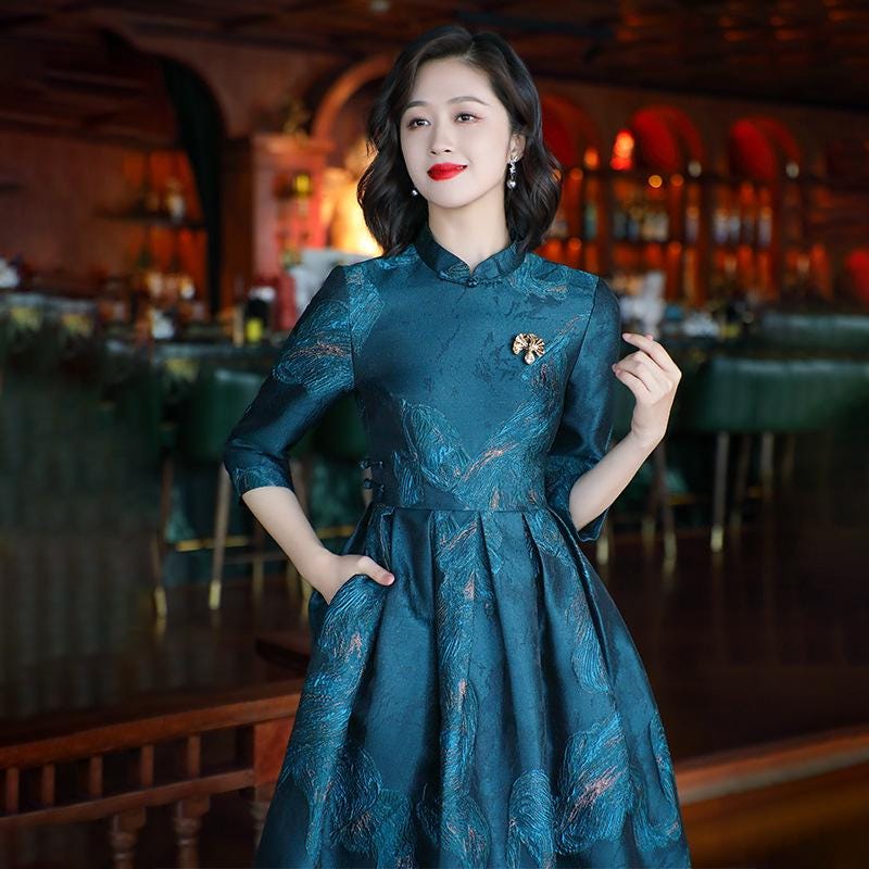 High Class China A-line Cheongsam Dress Below Knee, Jacquard Pattern Tea Ceremony Fall Winter, Peacock Blue & Black, Woman Gown Events
