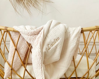 Baby blanket in cotton gauze and soft fleece, birth gift