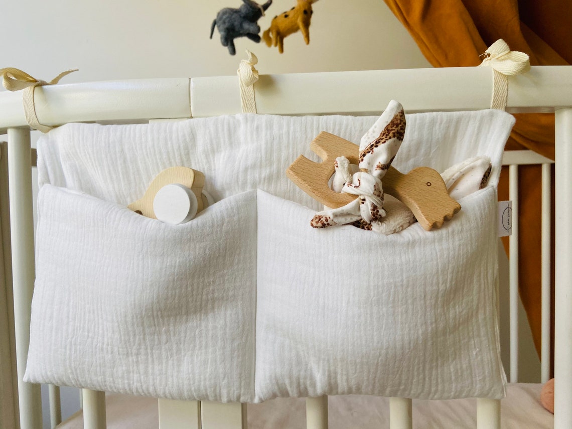 Sac De Rangement Suspendu Pour Lit Bébé - 2 Poches, 100% Coton, Gris - Pour Couches, Jouets, Vêtements