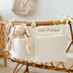 Baby bed pocket, pacifier/comforter storage in cotton gauze