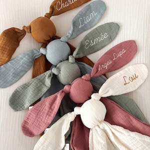 May include: A collection of personalized bunny-shaped baby toys in various colors, including brown, blue, green, pink, and white. Each bunny ear is embroidered with a name: Charlotte, Liam, Esmee, Argea Lupa, and Lou. The toys are made of soft, textured fabric.