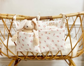 Pochette de lit bébé, range tétine/doudou en gaze de coton