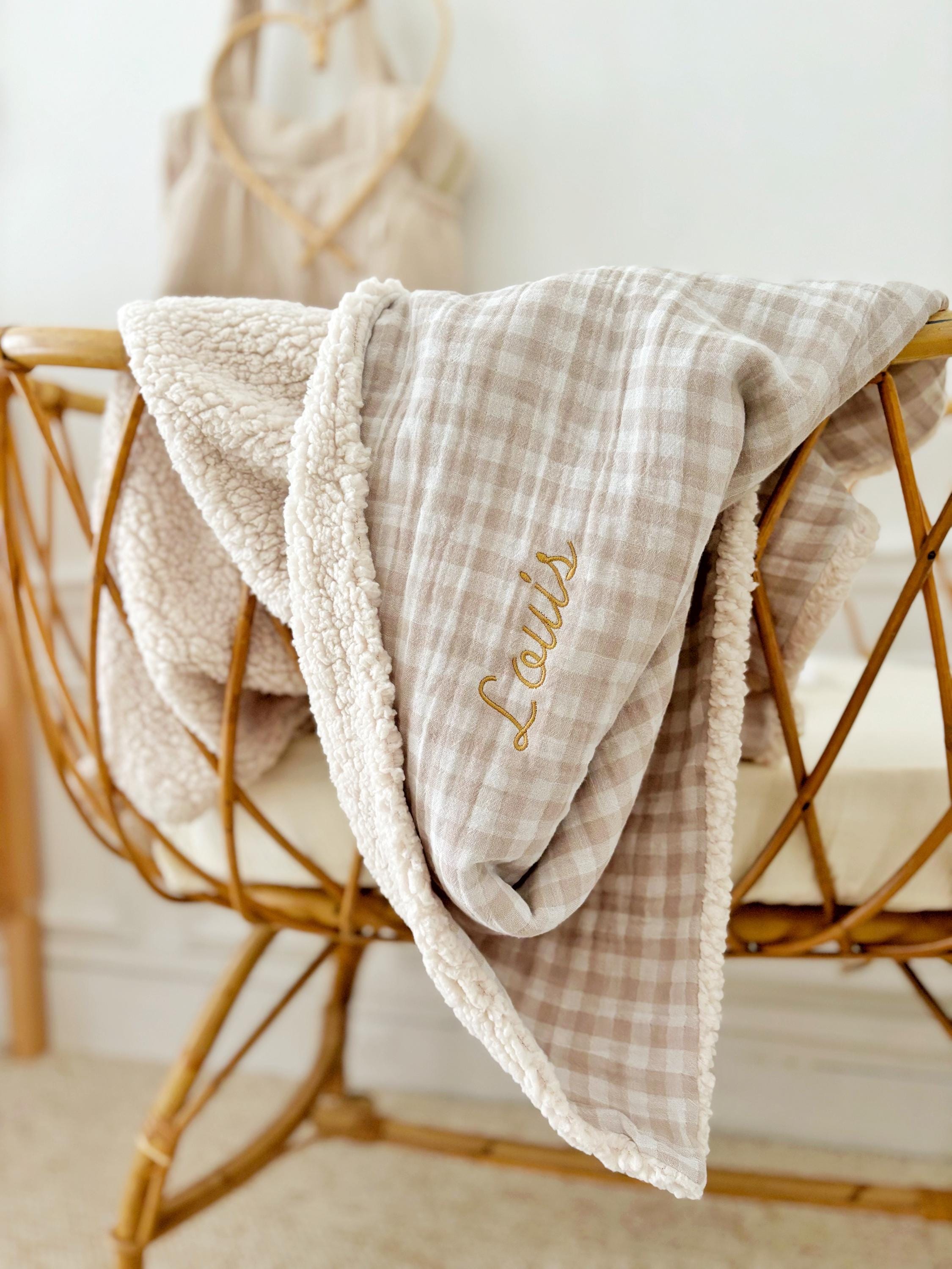 Baby blanket in cotton gauze, fluffy fur plaid, birth gift