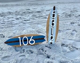 Handcrafted Surfboard Address Plaque ~ Beach Themed House Number Sign ~ Custom Outdoor Decor ~ Coastal Home Accent