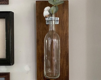 Set of 2 Reclaimed Rustic Whitewashed Wood Wine Bottle Vase Wall Sconce