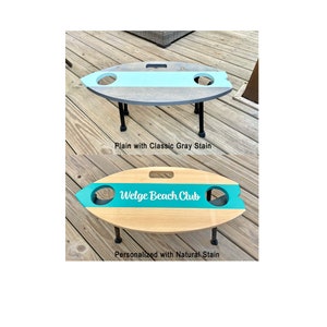 Portable Surfboard Beach Table ~ Personalization Optional ~ Wooden Surfboard ~ Handmade Folding Drink Holder ~ Customizable Beach Lover Gift